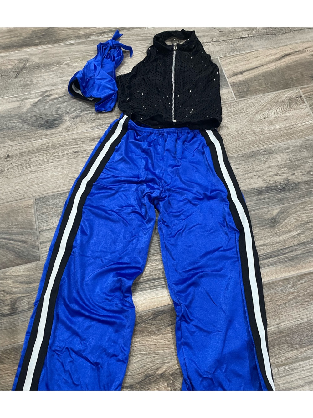 Ina Blue Kids Dance Track Pants with Black and White Side Stripes top and hat